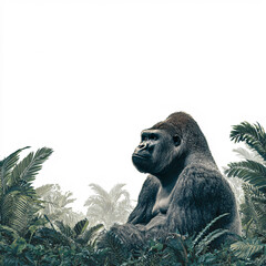 Majestic gorilla in lush tropical foliage, serene wildlife portrait, conservation and nature themes.