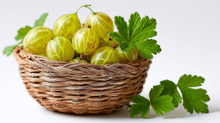 Fresh green gooseberries in a woven basket with leaves, healthy organic produce still life.