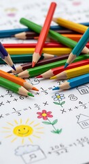Naklejka premium Colorful Pencils and Math Worksheet.