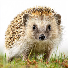Adorable European hedgehog foraging in lush green grass, close-up wildlife portrait, natural light.