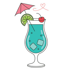 Flat cute style cocktail glass with lime, umbrella, and cherry. Perfect for summer party, bar, or lifestyle graphics.