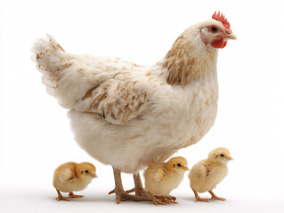 Protective hen with three fluffy chicks, motherhood, farm life, domestic animals, gentle care concept