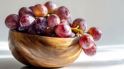 Fresh red grapes overflowing from a rustic wooden bowl, healthy eating concept.