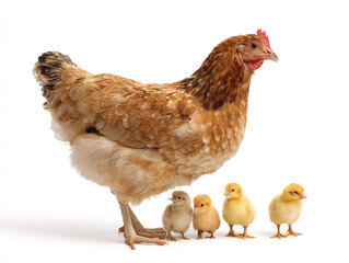 Protective hen with four fluffy chicks, family, motherhood, farm life, domestic animals, white background