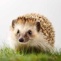Adorable hedgehog portrait in lush green grass, cute wildlife photography, natural light, peaceful scene