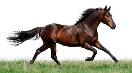 Majestic brown horse galloping freely across a lush green meadow, powerful equine movement.
