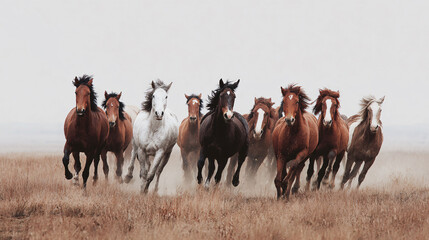 Wild horses galloping across a vast, dry prairie landscape, freedom and untamed spirit.