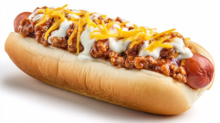 Classic chili cheese dog on a soft bun, indulgent American comfort food closeup.