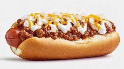 Cincinnati chili cheese coney hot dog with mustard, onions, and cheese, studio shot
