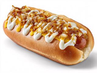 Classic American hot dog with mustard, onions, and mayonnaise – delicious fast food indulgence.
