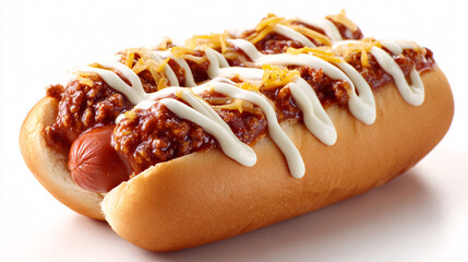 Cincinnati chili cheese coney hot dog, classic midwest comfort food, close-up studio shot