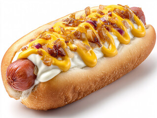 Gourmet hot dog with mustard, relish, onions, and creamy sauce, delicious fast food concept.