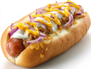 Gourmet Chicago-style hot dog with vibrant toppings, mustard, relish, and cheese, close-up studio shot