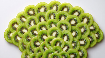Vibrant kiwi fruit slices arranged in a symmetrical, artistic pattern on a white background.