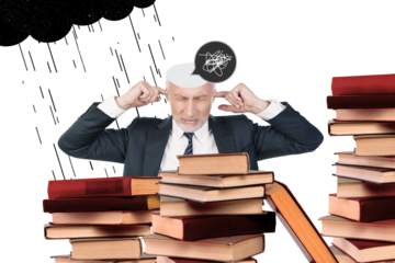 Trend artwork composite sketch 3D collage of copyspace library education room pile book dark cloud rain sad old man deaf lector university