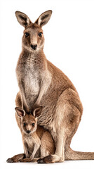 Mother kangaroo with joey in pouch, gentle wildlife portrait, australian fauna, isolated on white background
