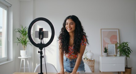 Content creator filming in bright home studio with ring light and smartphone