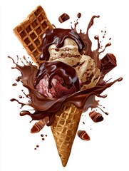 Chocolate waffles topped with creamy ice cream and dripping sauce create a delightful dessert experience