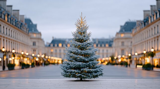 Majestic Christmas tree adorned with snow, surrounded by charmin