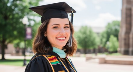 Graduate in cap and gown smiling outdoors on campus