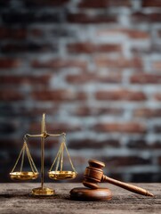 Scales of justice gavel on wooden table