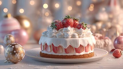 彩る苺と生クリームのクリスマスケーキ