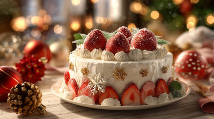 彩る苺と生クリームのクリスマスケーキ