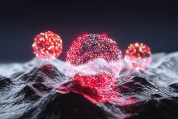 Glowing digital spheres dark wave landscape in futuristic setting