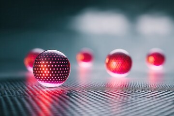 Bouncing futuristic red sphere with digital dots on textured surface