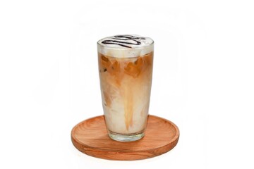 Pictures of cappuccino ice coffee serving with chocolate sauce topping put on wooden plates in white background and isolate concept.