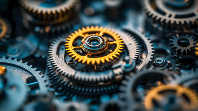 A system of gears. The gears are tightly intertwined, suggesting a complex mechanism. The driving force and consistency of the mechanism.