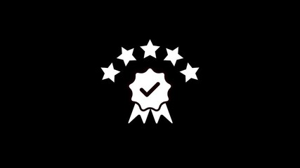 White five star rating award ribbon with checkmark on black background Keywords: award, ribbon, five stars, rating, checkmark, success, achievement, quality, excellence, best, top, winner, badge