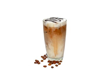 Ice latte coffee serving with chocolate sauce topping by photo isolate concept.
