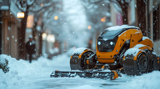 An automatic snow blower in bright yellow that works on a snow-covered street. For topics related to modern technology, winter cleaning, innovation, automation, public services, and urban management.
