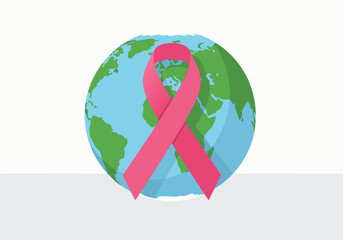 Pink Ribbon on Globe Breast Cancer Awareness Symbolizing Worldwide Support and Hope
