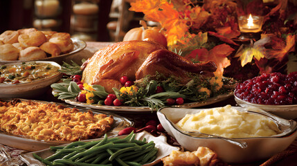 A traditional thanksgiving dinner spread with a roasted turkey, mashed potatoes, cranberry sauce, and green beans, set for a festive meal