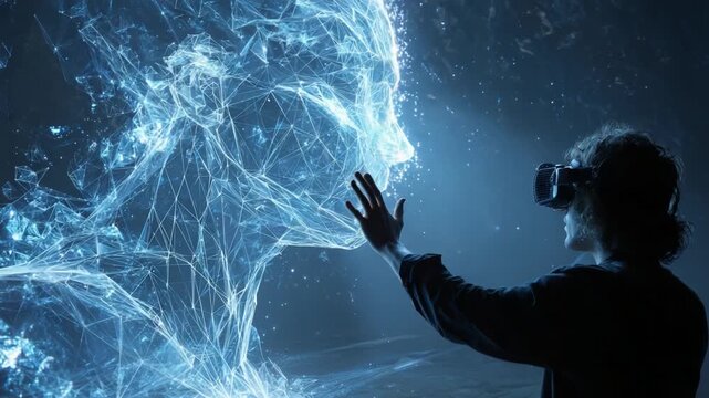 A person wearing a virtual reality headset interacts with a mesmerizing, holographic representation of a humanoid figure, showcasing the fusion of technology and human experiences in an immersive