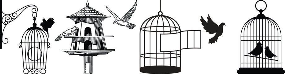 Bird cage icon.Set of closed empty bird cage silhouette icon vector illustration design.Metal animal transport hanging prison cages. Depicted without birds symbol of freedom and space.