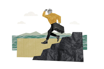 Creative collage poster elder man luggage suitcase run look far away search seaside vacation trip...