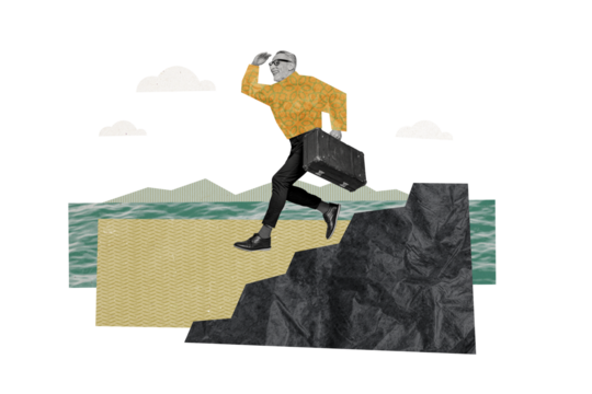 Creative collage poster elder man luggage suitcase run look far away search seaside vacation trip traveler journey holiday weekend