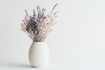A rustic bouquet of dried lavender, light pink flowers, and beige grasses displayed in a textured white vase on a minimalist background.