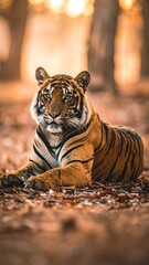 Majestic Bengal Tiger Resting in Golden Light Forest with Striking Orange and Black Fur Amidst Fallen Leaves in Vertical Wildlife Photography