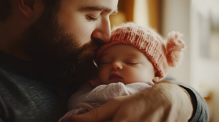 A stylish, bearded father kissing his sleeping newborn daughter, holding and rocking her in an authentic lifestyle parenting moment at home with his two children.