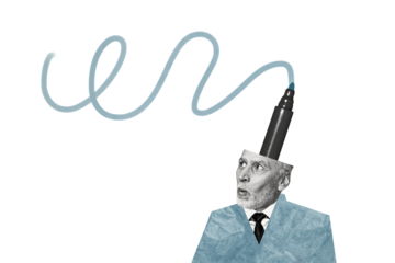 Composite photo collage of astonished shocked man instead head highlighter marker artist occupation isolated on painted background