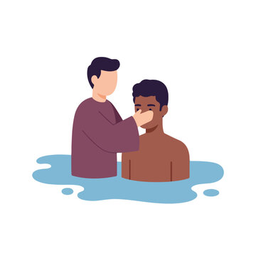 A person baptizes another in a pool of water