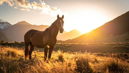 Majestic Brown Horse Standing Gracefully in a Golden Field at Sunrise with Mountain Landscape in the Backdrop under Warm Sunlight in Natural Ambiance