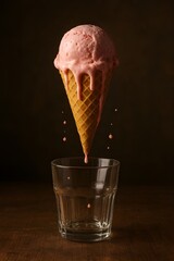 Melting Ice Cream Cone Above a Glass of Milk