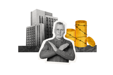 Composite photo collage of strict old man show crossed hands arrested bribe money golden dollar jail building isolated on painted background