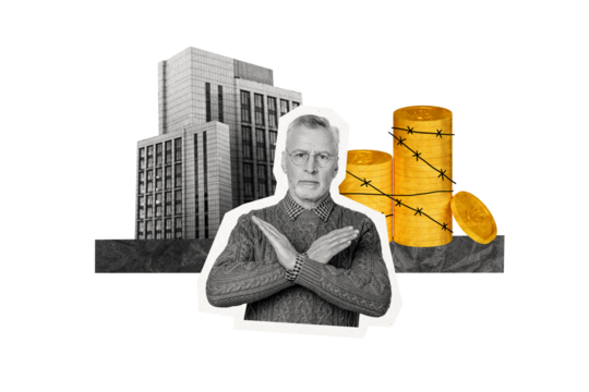 Composite photo collage of strict old man show crossed hands arrested bribe money golden dollar jail building isolated on painted background