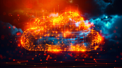 A digital cloud concept glowing with bright orange energy and data connections representing technology innovation and futuristic networks